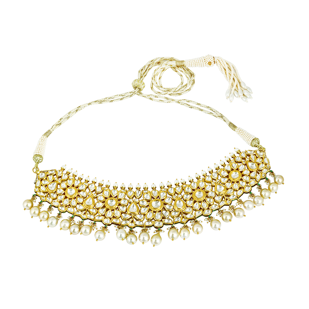 Polki Floral Choker with Gold Setting and Pearl Rows